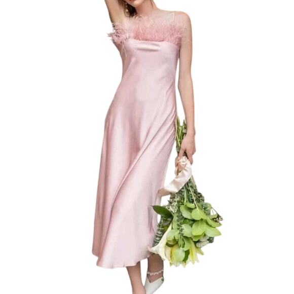 Blu Pepper Pink Satin Slip Midi Dress Faux Feather Trim NWT Medium - Picture 3 of 12